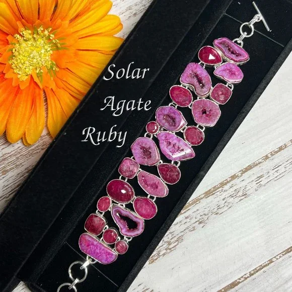 Solar Agate & Ruby Bracelet Handmade Stone Gemstone 925 Silver Large Ethnic New